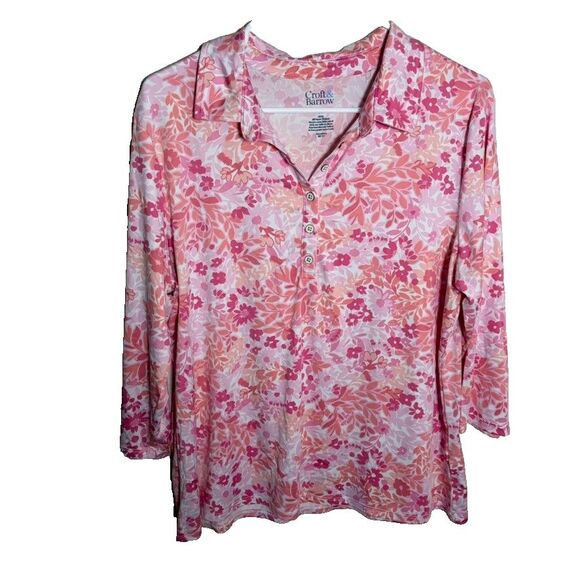 croft & barrow Tops - Croft & Barrow Shirt Women's Petite Large V-Neck 3/4 Sleeve Floral Collared